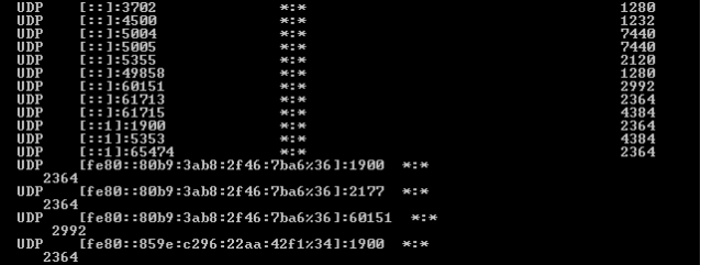 A second set of output for the command netstat -a -f -n -o, showing active connections. The results are formatted in a table with columns for protocol, local address, foreign address, state and PID. This time UDP connections are shown.