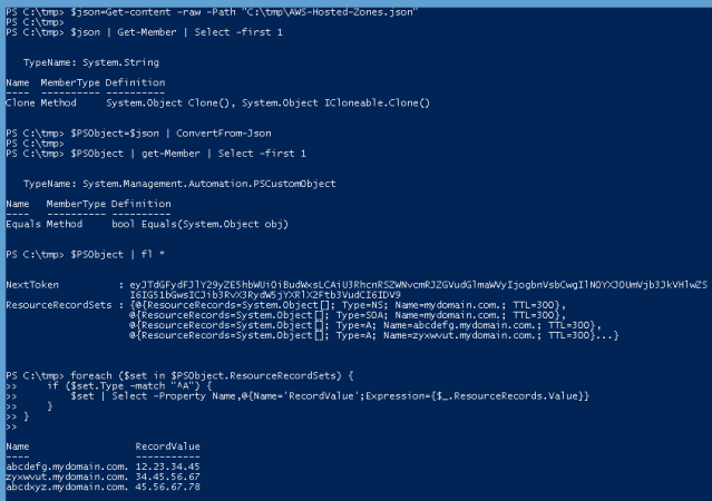 A PowerShell terminal in which a .json file has been read into a variable, then piped through ConvertFrom-JSON.